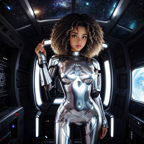 a woman in a (((sci-fi sexy silver armor))), ((swingsuit)), sexy posing on space ship, black mediun curly hair, medium curly bro...