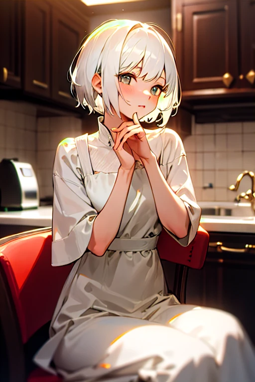 1girl with short white hair sitting on a chair, kitchen, her hand under her chin, warm lighting, white dress, blurry foreground
