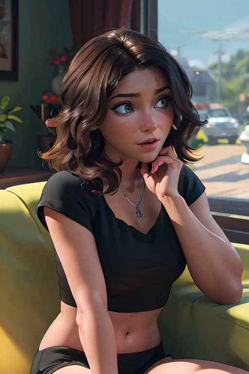 Aunt Cass sitting on the sofa in tight pajama shorts and crop top watching Game of Thrones, very detailed, natural wavy hair, high resolution, masterpiece, best quality, intricate details, highly detailed, detailed skin, realistic skin texture, texture, detailed eyes, professional, 4K, filmed on Canon, 85 mm, faible profondeur de champ, Couleur Kodak Vision, perfect fit body, Extremely detailed, photographier_\(ultra\), photoreallistic, Realstic, Post-traitement, maximum details, roughness, real life, ultra realist, photorealism, photographie, 8K UHD, photographie