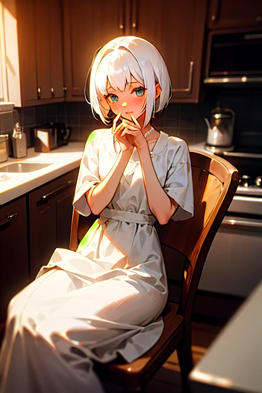 1girl with short white hair sitting on a chair, kitchen, her hand under her chin, warm lighting, white dress, blurry foreground
