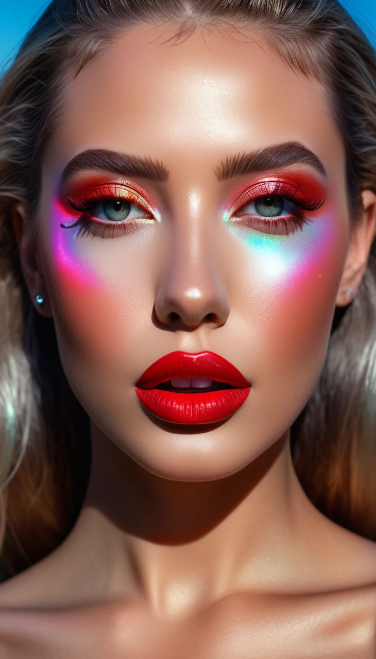 Fantasic nature, ultra detail, ultra realism, hyper realistic, 90s, Furrowed, Vibrant holographic gradient, aventurecore, argon Flash, photopeinture, Femme Fatale, Red lips, ProFessional Photography, Award-winning photo session, hyper realistic, Canon 1DX Mark III, 35mm, F/8