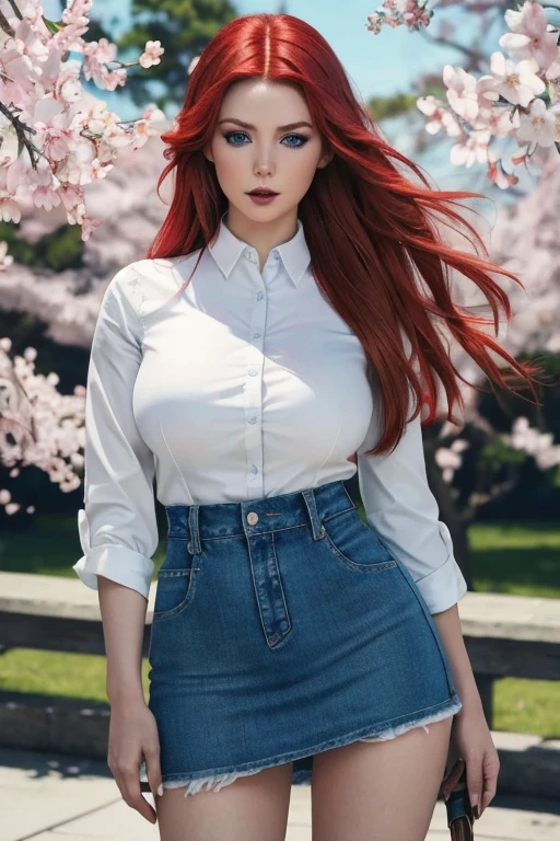 Ultra realistic, incredible high quality, red-haired girl, seductive leaning forward detailed skin, very pale-white (highlighted) skin, goth makeup, ultra realistic, 16k, high quality, picture-perfect, flawless, clean, masterpiece, professional artwork, detailed artwork, cinematic lighting, cinematic bloom, realistic shading, (long red hair)),(1girl,  beautiful korean girl),perfect face, (young:1.1),((fit figure)),((25 year old)), beautiful face, beautiful turquoise-blue eyes (cute eyes look), detail eyes, detail face, (((perfect female body, narrow waist))),(large breasts:1.3)lora:GoodHands-beta2:1>, , ((girl standing)),upper body, white shirt, jeans skirt and pantyhose clothing (realistic texture), blade to side, strike pose,blade down,blade right hand,, cherry blossoms,, blurred background  (masterpiece, best quality, high quality, highres, ultra-detailed), different poses at different angles. 