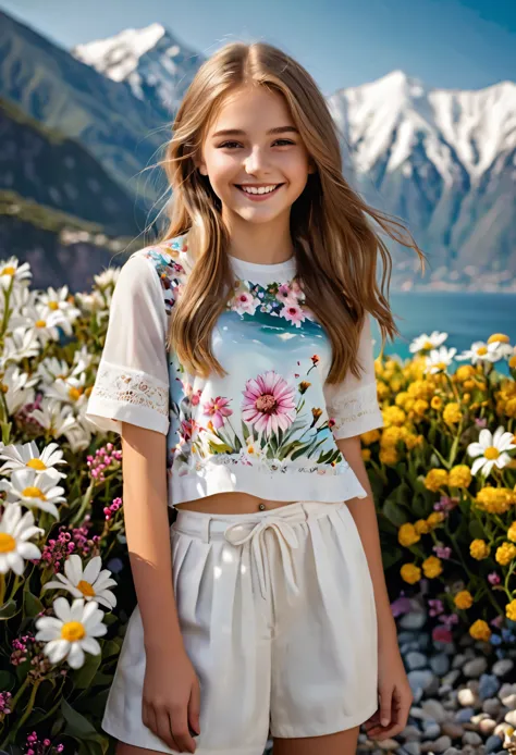 Chiaroscuro and tenebrism, a teenage girl of 14 years old with light brown hair, She is dressed in a modern fashionable outfit with complex textures and details that imitate real fabric. Her radiant and realistic smile captures the essence of youthful joy....