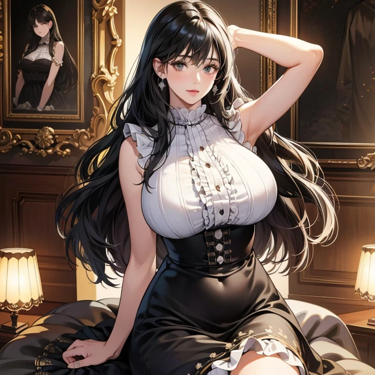 high quality, 最high quality, photo-Realistic, RAW Photos, Realistic, ultra Realistic 8k cg, Very detailed, High resolution, masterpiece, One girl, Long Hair, Black Hair, Iris, spread, Intricate details, Detailed Texture, In detail, Huge breasts, super mini skirt, plump, luxurious ornaments, maximum dress, super large breasts, super large breasts that sag a little, large breasts, sleeveless, hands behind head, black clothes, not divided into top and bottom, frills