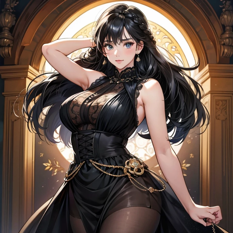 high quality, 最high quality, photo-Realistic, RAW Photos, Realistic, ultra Realistic 8k cg, Very detailed, High resolution, masterpiece, One girl, Loose braid, Black Hair, Iris, spread, Intricate details, Detailed Texture, In detail, Ultra mini skirt,Plump, lavish ornaments, maxi dress, huge breasts that sag a little, sleeveless, hands behind head, black clothes, not divided into top and bottom, see-through