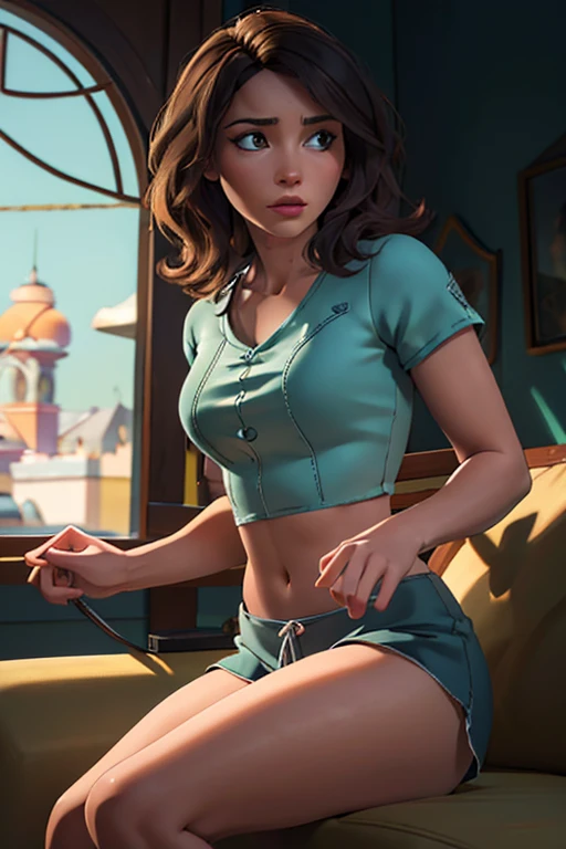 Aunt Cass sitting on the sofa in tight pajama shorts and crop top watching Game of Thrones, very detailed, natural wavy hair, high resolution, masterpiece, best quality, intricate details, highly detailed, detailed skin, realistic skin texture, texture, detailed eyes, professional, 4K, filmed on Canon, 85 mm, faible profondeur de champ, Couleur Kodak Vision, perfect fit body, Extremely detailed, photographier_\(ultra\), photoreallistic, Realstic, Post-traitement, maximum details, roughness, real life, ultra realist, photorealism, photographie, 8K UHD, photographie