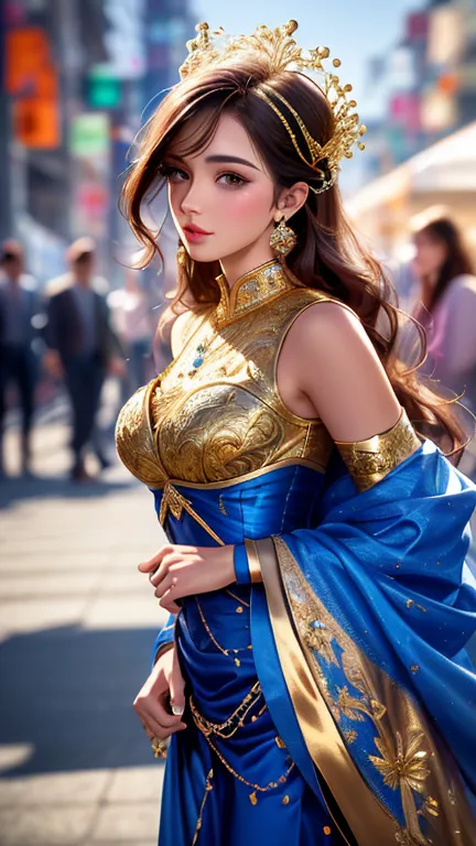 beautiful princess in blue and gold corset and suit, delicate face、detailed eyes and face、double eyelid、perfectly balanced face、...