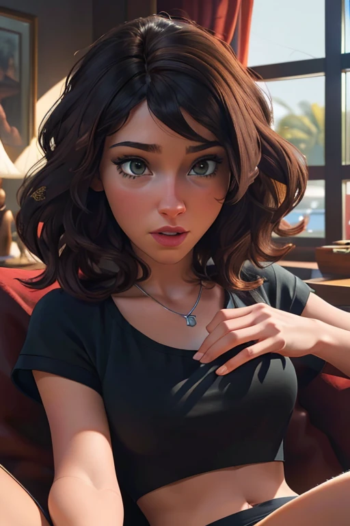 Aunt Cass sitting on the sofa in tight pajama shorts and crop top watching Game of Thrones, very detailed, natural wavy hair, high resolution, masterpiece, best quality, intricate details, highly detailed, detailed skin, realistic skin texture, texture, detailed eyes, professional, 4K, filmed on Canon, 85 mm, faible profondeur de champ, Couleur Kodak Vision, perfect fit body, Extremely detailed, photographier_\(ultra\), photoreallistic, Realstic, Post-traitement, maximum details, roughness, real life, ultra realist, photorealism, photographie, 8K UHD, photographie