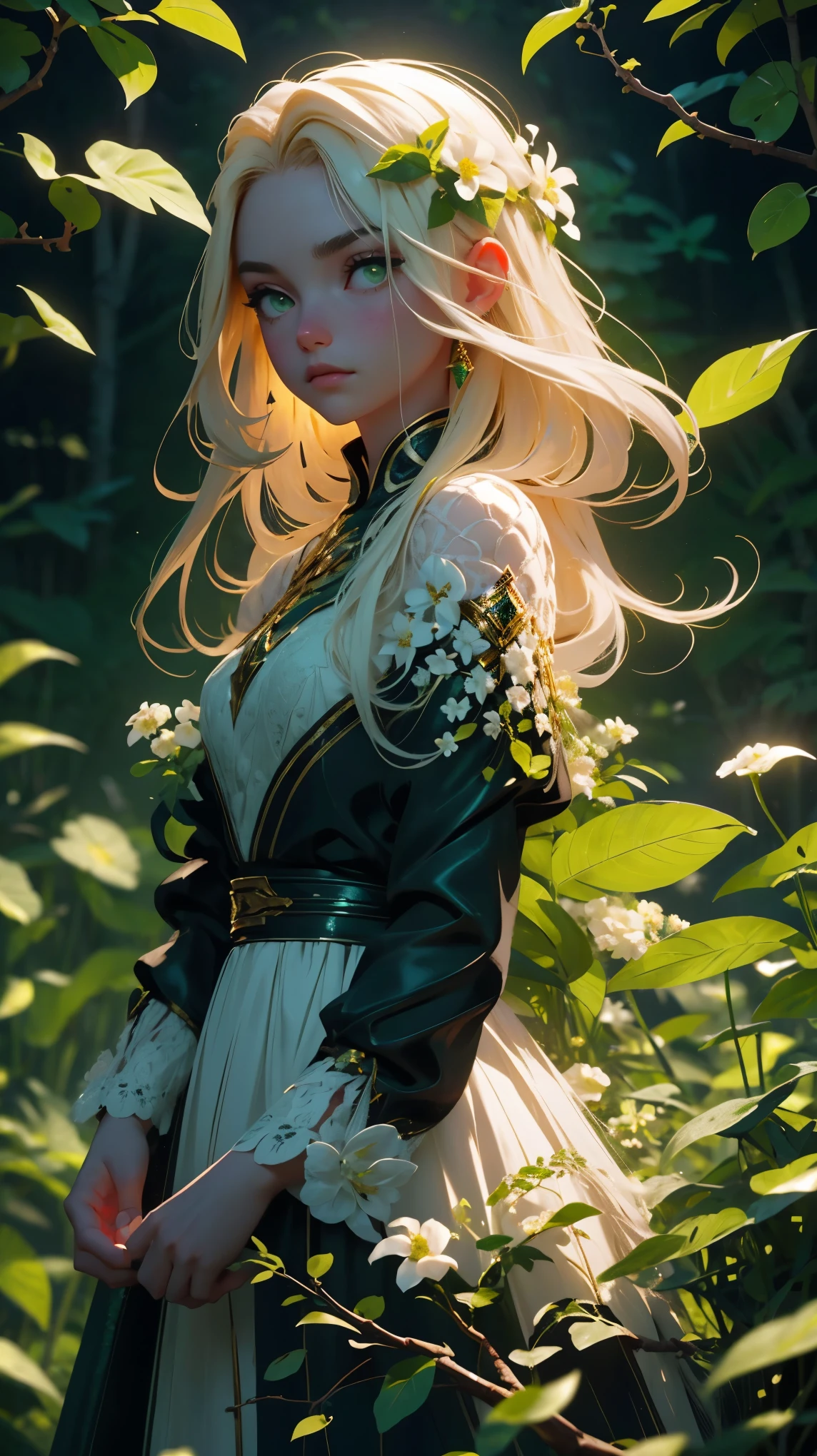 美しい少女, 黒くて長い髪, 白い花が髪に編み込まれている, 緑の目, ダークグリーンのドレス, 蛇, girl holding a 蛇, 背景のブドウの木, 8K, 詳細な, ハイリアリズム, ダークファンタジーアート