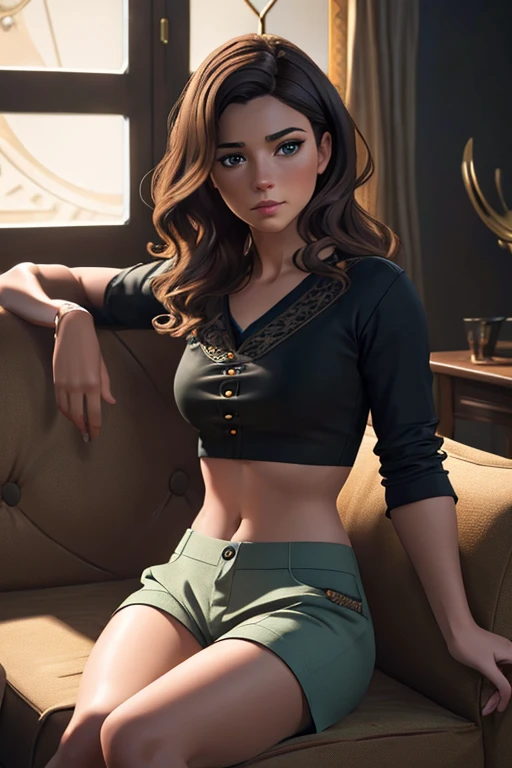 Aunt Cass sitting on the sofa in tight pajama shorts and crop top watching Game of Thrones, very detailed, natural wavy hair, high resolution, masterpiece, best quality, intricate details, highly detailed, detailed skin, realistic skin texture, texture, detailed eyes, professional, 4K, filmed on Canon, 85 mm, faible profondeur de champ, Couleur Kodak Vision, perfect fit body, Extremely detailed, photographier_\(ultra\), photoreallistic, Realstic, Post-traitement, maximum details, roughness, real life, ultra realist, photorealism, photographie, 8K UHD, photographie