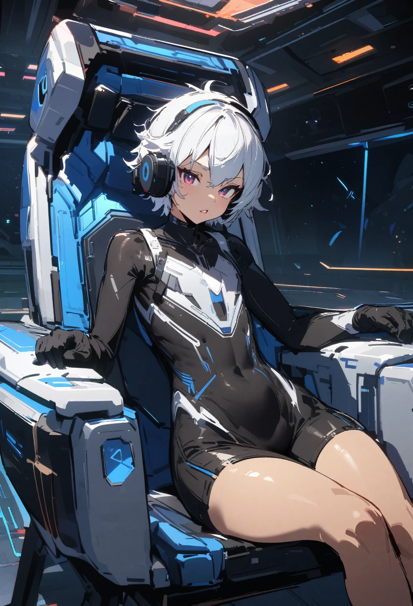 front view, 1boy, trap, effeminate boy, teen, somewhat tall, full lips, black bodysuit, flat chest, wide hips, sitting in chair, spaceship interior background, short white hair, wearing VR headset, ultra-detailed, sketchy style, UHD, UHD, UHD