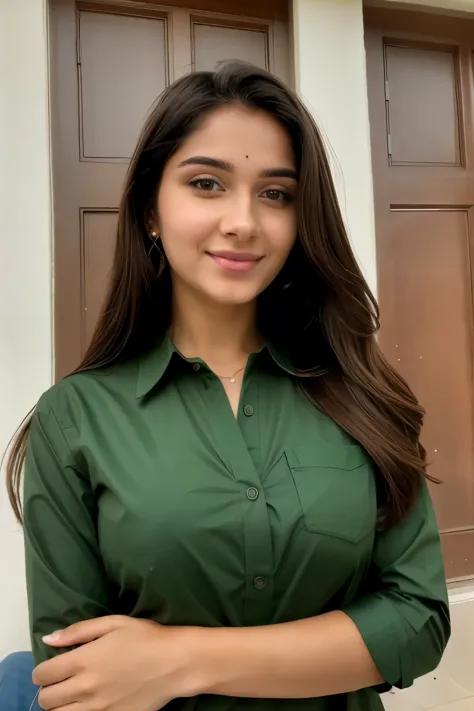 (best quality,masterpieces),detailed,18 year old Pakistani girl,perfect face,cute face,expressive eyes,fair complexion,symmetrical features,long dark hair,green shirt,looking towards audience,vibrant colors,gentle smile,soft lighting