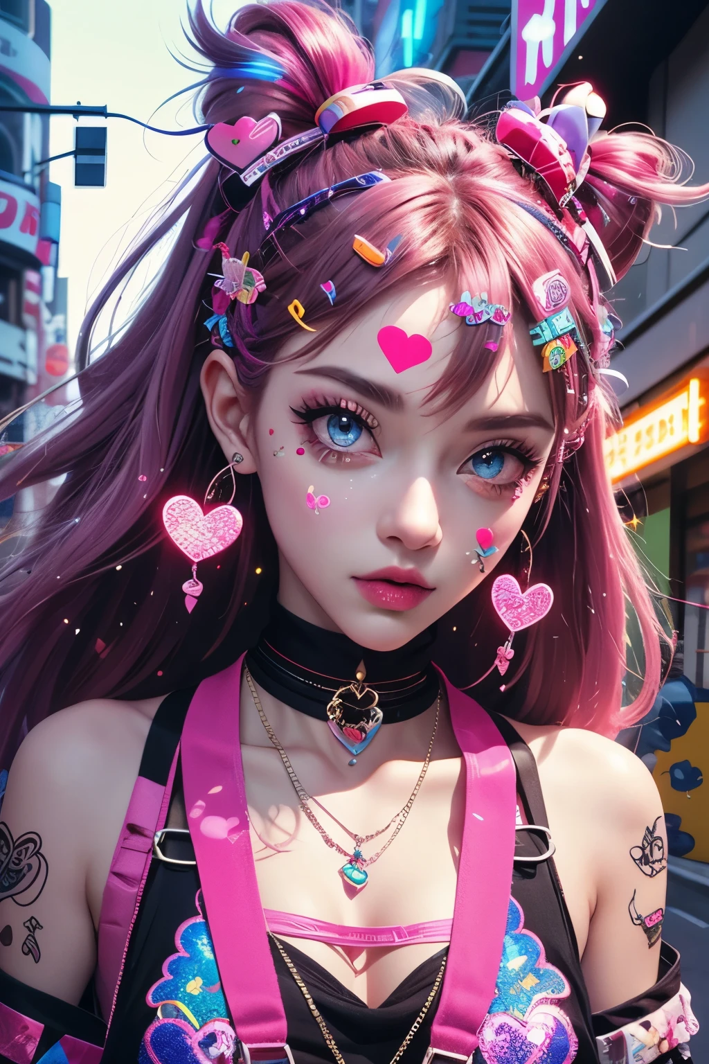 This is a Harajuku street-style masterpiece with extreme detail. Generate a trendy ((decora)) cyberpunk woman (standing) in the colorful and chaotic streets of Akihabara, Tokyo in the style of decora street style. The woman's decora and Harajuku street clothes are vibrant, with a mix of textures, neon colors, and inventive layering. Include oversized accessories like cute heart stickers on the woman's face, colorful hair clips and ribbons in different colors and sizes, and dynamic jewelry. (Her eyes are important) and should be symmetrical and detailed with interesting coloring and patterns. Include (iridescence) and (shimmer), glittering light, glowing neon signs, LED lights, (ultra detailed), dynamic composition