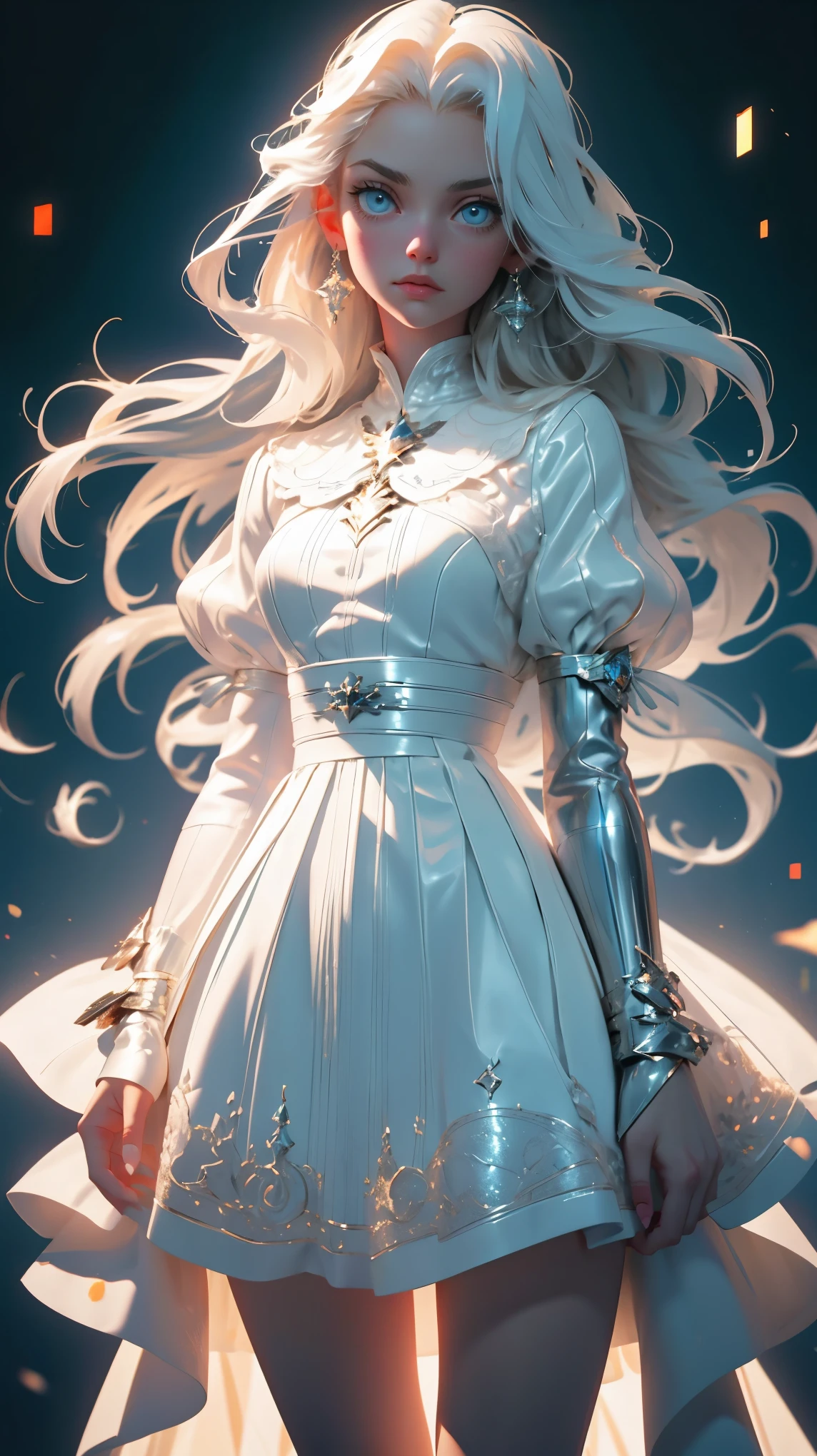 beautiful young girl, white long hair, blue cat eyes, white leather dress, girl holding a white cat, 8k, high detailed, high realism, dark fantasy art