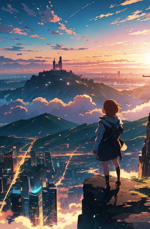 anime - style painting of a woman standing on a cliff overlooking a city, anime sky, detailed scenery —width 672, anime art wallpaper 4 k, anime art wallpaper 4k, beautiful anime scenery, anime art wallpaper 8 k, anime landscape wallpaper, anime wallpaper 4 k, anime wallpaper 4k, 4k anime wallpaper, anime clouds, anime background art