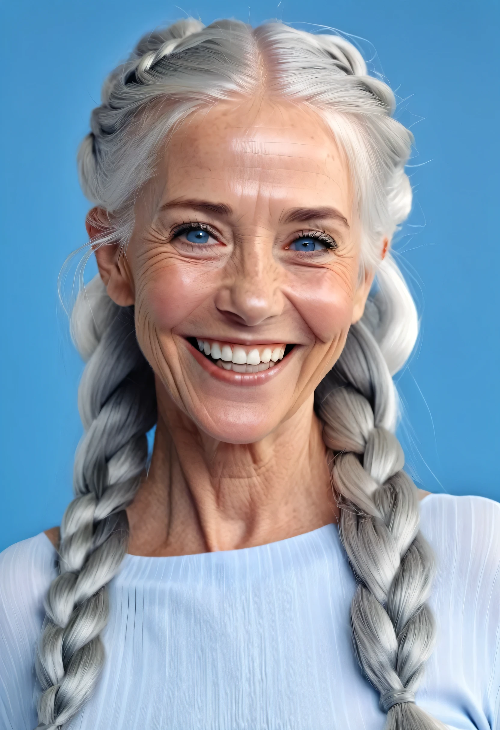 A close up of a woman with long gray hair smiling - SeaArt AI