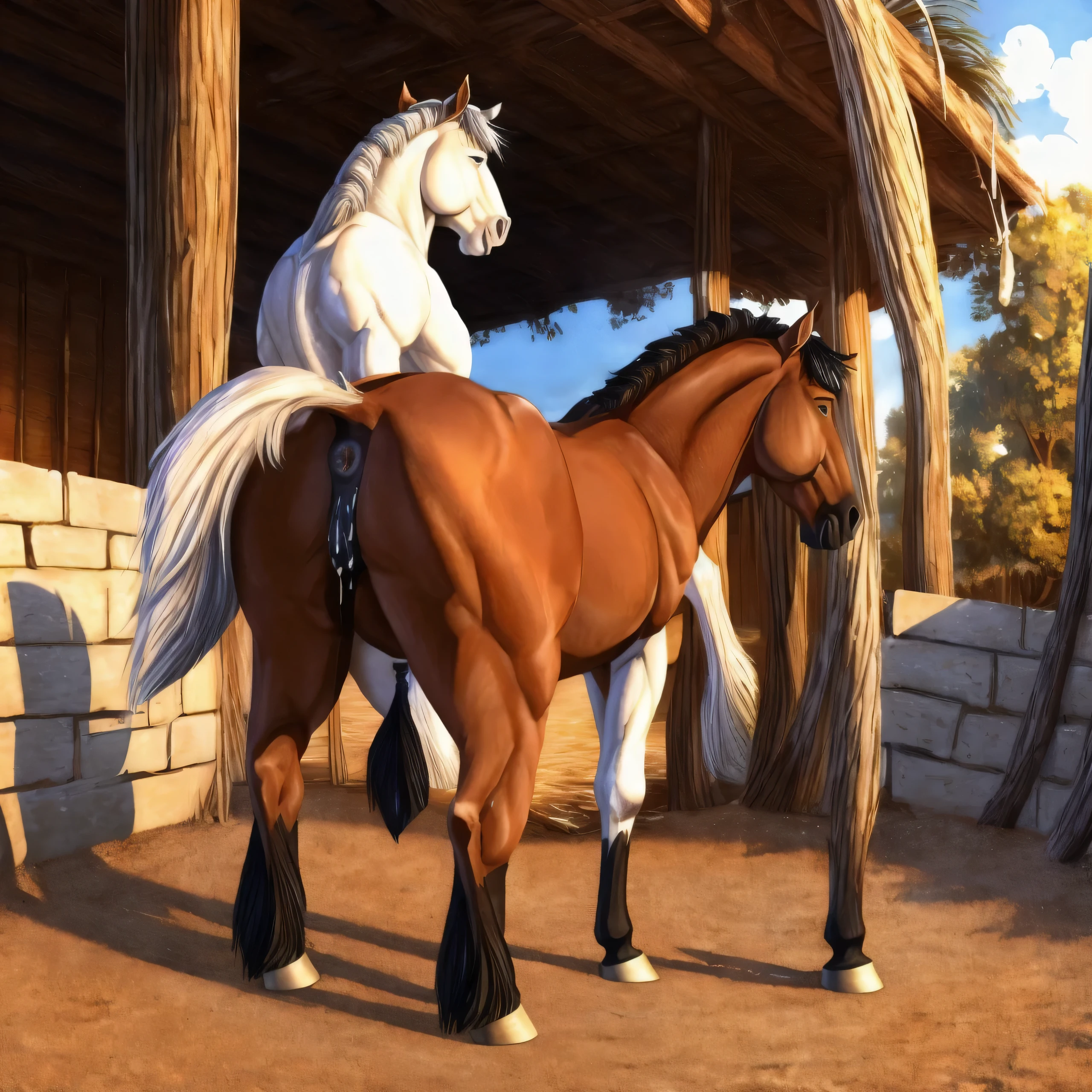 Horses are standing in a stable with a roof and a wall - SeaArt AI