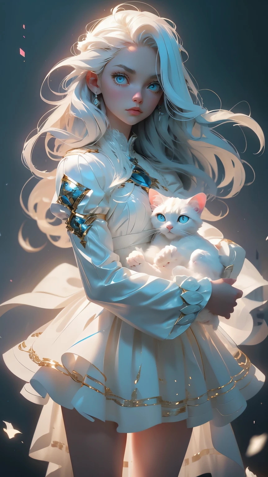 linda jovem, cabelo longo branco, olhos de gato azul, vestido de couro branco, garota segurando um gato branco, 8K, altamente detalhado, Alto realismo, arte de fantasia sombria