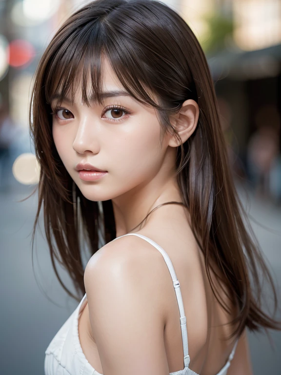 master piece, best quality, ultrahigh res, (photorealistic:1.4), raw photo, 8K photo, Japanese young model, 14 years old, slim face, Arching the back, blurry background, cleavage, grey eyes, Back Pose, at Seaart, look at us , brown hair,medium hair,asymmetrical hair, asymmetrical bangs, realistic,(natural skin texture, detailed skin, detailed soft eyes, detailed hair, detailed cute lips, hyperrealism, ultra sharpness, intricate details), 