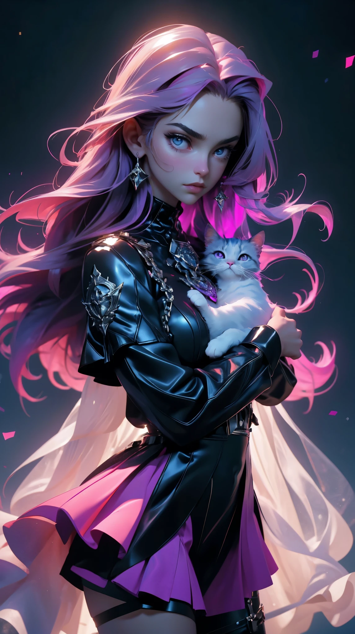 beautiful young girl,purple long hair,purple cat eyes,black leather dress,girl holding a white cat,(best quality,4k,8k,highres,masterpiece:1.2),ultra-detailed,(realistic,photorealistic,photo-realistic:1.37),(HDR,UHD),dark fantasy art,portrait,studio lighting,sharp focus,physically-based rendering,extreme detail description,professional,vivid colors,bokeh