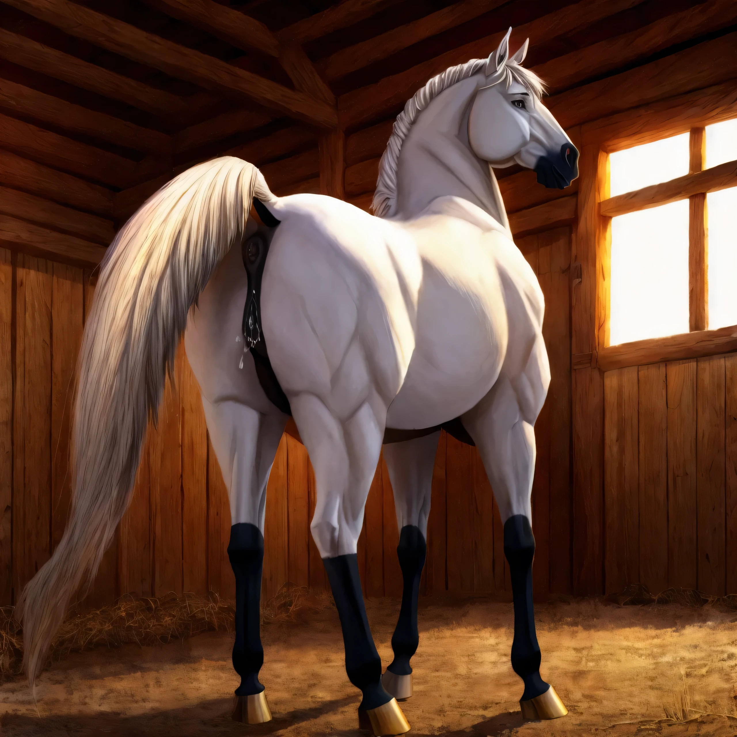 There is a white horse standing in a barn with a wooden wall - SeaArt AI