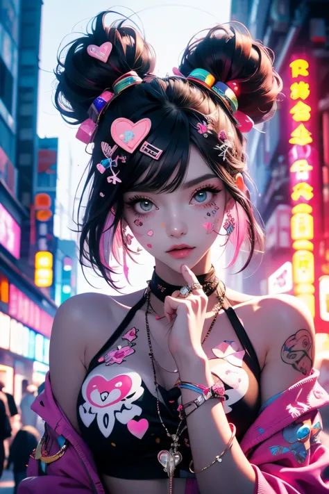 This is a Harajuku street-style masterpiece with extreme detail. Generate a trendy ((decora)) cyberpunk woman (standing) in the ...