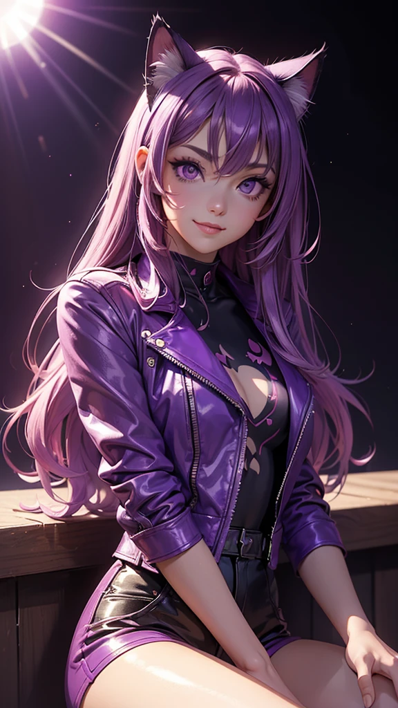 (high resolution, upper body, soft skin:1.2),(best illustration,masterpiece:1.2),ultra-detailed,[(purple eyes, purple makeup cat ears , purple inside:1.2),vivid colors,sharp focus,portrait,studio lighting,bokeh, wearing a anime shirt, pink leather jacket, pink latex mini shorts, smiling, rock concert background, sitting 