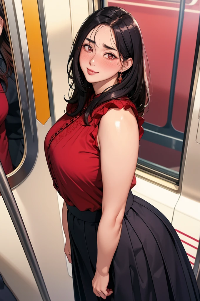 (dark madder red blouse,sleeveless,arms-baring:1.3),look up at viewer,(black and long flare skirt),thick arms,pov,close up,close to viewer,from front and above,single mole on cheek,black hair,voluminous hair,unkempt hair,plump tall woman,aroused,(blushed:1.5) and smile,27 years old,(fair skin:1.3),(cute eyes,tareme),plump oval face,light makeup,standing in train,leaning on train door,skirt lifted,