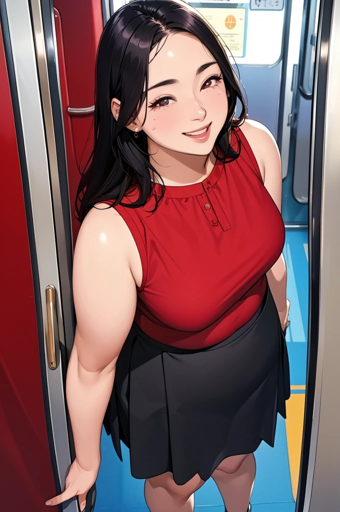 (dark madder red blouse,sleeveless,arms-baring:1.3),look up at viewer,(black and long flare skirt),thick arms,pov,close up,close to viewer,from above,frontshot,single mole on cheek,black hair,voluminous hair,unkempt hair,plump tall woman,aroused,(aroused and happy:1.5),27 years old,(fair skin:1.3),(cute eyes,tareme),plump oval face,light makeup,standing in train,leaning on train door,skirt lifted,