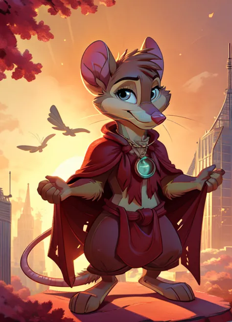 mrsbrisby, semi-anthro, furry female, mouse girl, red cape, holding amulet, necklace, solo, standing, (body fur:1.3), (best qual...