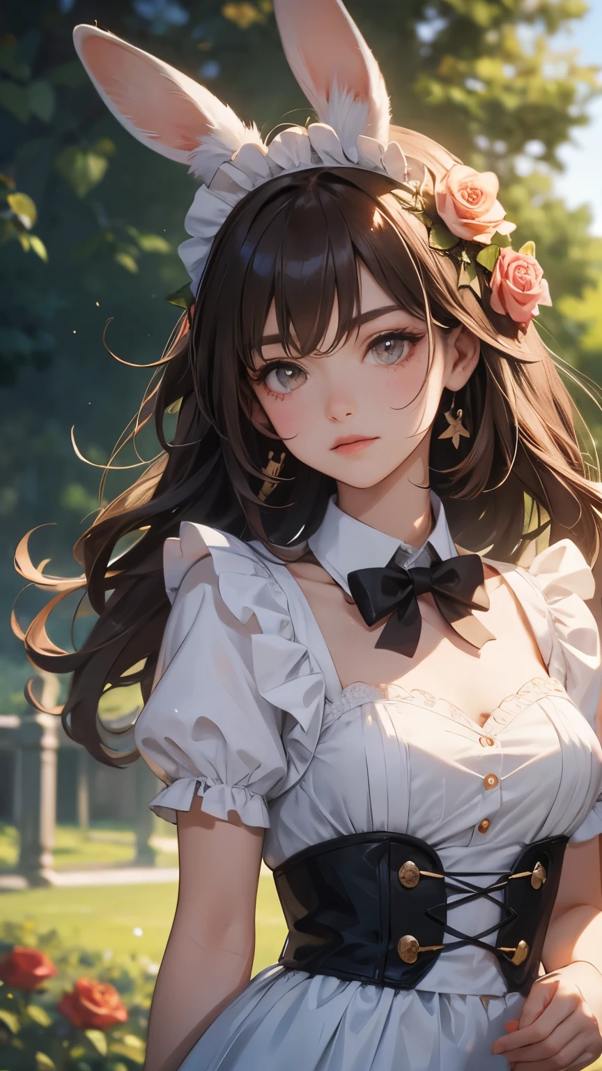 (brown hair), hair one side up, from below, ((rabbit ears)), maid headdress, (((masterpiece))), ((textured skin)), (((high details))), highres, cute, lovely, maid, apron dress, ((rose garden)), sunlight