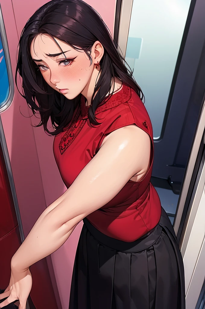 (dark madder red blouse,sleeveless,arms-baring:1.3),look up at viewer,(black and long flare skirt),thick arms,pov,close up,close to viewer,from above,frontshot,single mole on cheek,black hair,sweaty,voluminous hair,unkempt hair,plump tall woman,aroused,(aroused and  blushed:1.5),27 years old,(fair skin:1.3),(cute eyes,tareme),plump oval face,light makeup,standing in train,leaning on train door,skirt lifted,