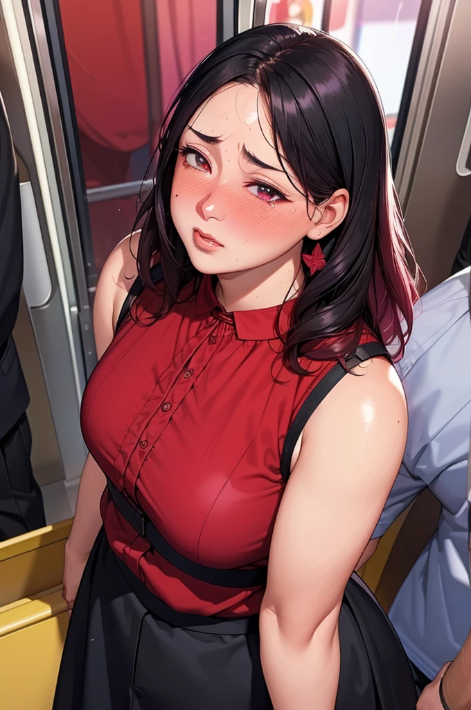 (dark madder red blouse,sleeveless,arms-baring:1.3),(look up at viewer:1.2),(black and long flare skirt),thick arms,(holding to a strap:1.3),pov,close up,incoming kissing,(from above),frontshot,single mole on cheek,black hair,sweaty,voluminous hair,unkempt hair,plump tall woman,aroused,(crowded train),(aroused and  blushed:1.5),27 years old,(fair skin:1.3),(cute eyes,tareme),plump oval face,light makeup,standing in train,leaning on train door,skirt lifted,