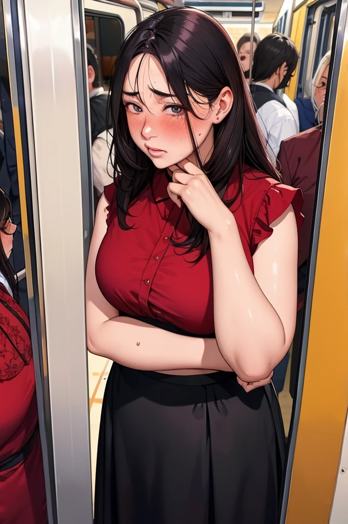 (dark madder red blouse,sleeveless,arms-baring:1.3),(look up at viewer:1.2),(black and long flare skirt),thick arms,(holding to a train strap:1.3),pov,close up,mature face,(from above),frontshot,single mole on cheek,black hair,sweaty,voluminous hair,unkempt hair,plump tall woman,aroused,(crowded train),(aroused and  blushed:1.5),27 years old,(fair skin:1.3),(cute eyes,tareme),plump oval face,light makeup,standing in train,leaning on train door,skirt lifted,