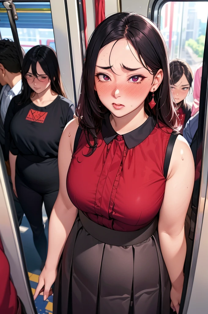 (dark madder red blouse,sleeveless,arms-baring:1.3),(look up at viewer:1.2),(black and long flare skirt),thick arms,(holding to a train strap:1.3),pov,close up,mature face,(from above),frontshot,single mole on cheek,black hair,sweaty,voluminous hair,unkempt hair,plump tall woman,aroused,(crowded train),(aroused and  blushed:1.5),27 years old,(fair skin:1.3),(cute eyes,tareme),plump oval face,light makeup,standing in train,leaning on train door,skirt lifted,