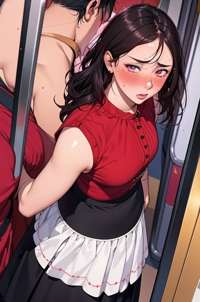 (dark madder red blouse,sleeveless,arms-baring:1.3),(look up at viewer:1.2),(black and long flare skirt),thick arms,(holding to a train strap:1.3),pov,close up,mature face,(from above),frontshot,single mole on cheek,black hair,sweaty,voluminous hair,unkempt hair,plump tall woman,aroused,(crowded train),(aroused and  blushed:1.5),27 years old,(fair skin:1.3),(cute eyes,tareme),plump oval face,light makeup,standing in train,skirt lifted,