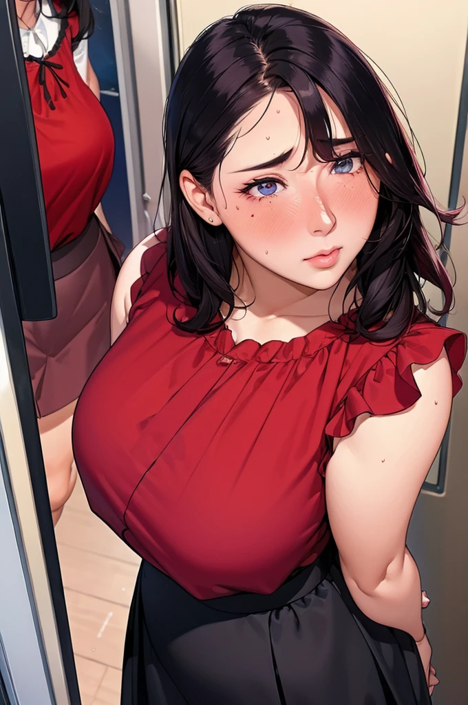 (dark madder red blouse,sleeveless,arms-baring:1.3),(look up at viewer:1.2),(black and long flare skirt),thick arms,pov,close up,mature face,(from above),frontshot,single mole on cheek,black hair,sweaty,voluminous hair,unkempt hair,plump tall woman,aroused,(crowded train),(aroused and  blushed:1.5),27 years old,(fair skin:1.3),(cute eyes,tareme),plump oval face,light makeup,standing in train,leaning on train door,skirt lifted,