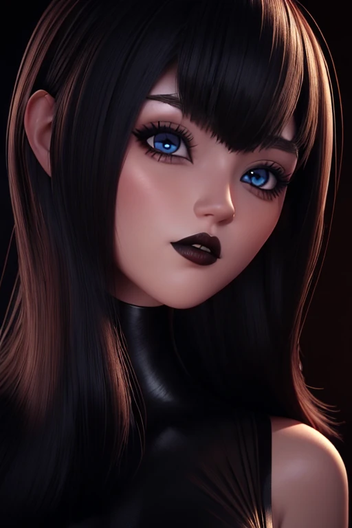 20 year old woman , lenceria, perfect asymmetrical face and detailed eyes 3D slender figure big oppais long hair, pose sexy , y mirando al espectador, imagen perfecta para wallpaper fanart, gothic makeup voluminous and red lips 