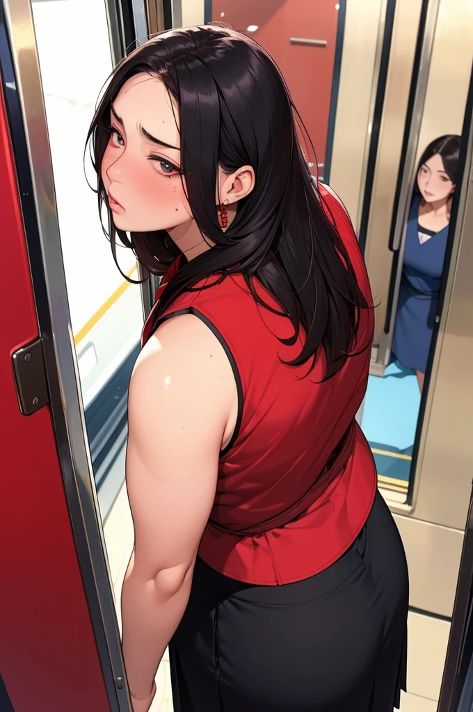 (dark madder red blouse,sleeveless,arms-baring:1.3),(look at viewer:1.2),(black and long flare skirt),thick arms,pov,close up,mature face,(from front above:1.2),single mole on cheek,black hair,sweaty,voluminous hair,unkempt hair,plump tall woman,aroused,(crowded train),(aroused and  blushed:1.3),27 years old,(fair skin:1.3),(cute eyes,tareme),plump oval face,light makeup,standing in train,leaning on train door,skirt lifted,