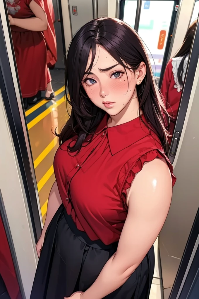 (dark madder red blouse,sleeveless,arms-baring:1.3),(look at viewer:1.2),(black and long flare skirt),thick arms,pov,close up,(incoming kissing),mature face,(from front above:1.2),single mole on cheek,black hair,sweaty,voluminous hair,unkempt hair,plump tall woman,aroused,(crowded train),(aroused and  blushed:1.3),27 years old,(fair skin:1.3),(cute eyes,tareme),plump oval face,light makeup,standing in train,leaning on train door,skirt lifted,