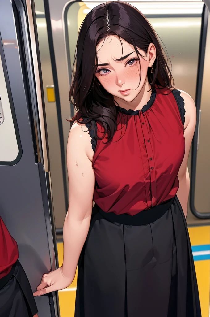 (dark madder red blouse,sleeveless,arms-baring:1.3),(look at viewer:1.2),(black and long flare skirt),thick arms,pov,close up,(incoming kissing),mature face,(from front above:1.2),single mole on cheek,black hair,sweaty,voluminous hair,unkempt hair,plump tall woman,aroused,(crowded train),(aroused and  blushed:1.3),27 years old,(fair skin:1.3),(cute eyes,tareme),plump oval face,light makeup,standing in train,leaning on train door,skirt lifted,