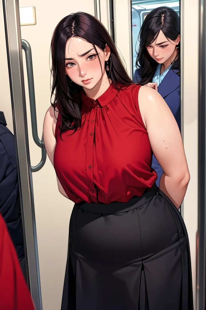 (dark madder red blouse,sleeveless,arms-baring:1.3),(look at viewer:1.2),(black and long flare skirt),thick arms,pov,close up,mature face,(from front:1.2),single mole on cheek,black hair,sweaty,voluminous hair,unkempt hair,plump tall woman,aroused,(crowded train),(aroused and  blushed:1.3),27 years old,(fair skin:1.3),(cute eyes,tareme),plump oval face,light makeup,standing in train,leaning on train door,skirt lifted,