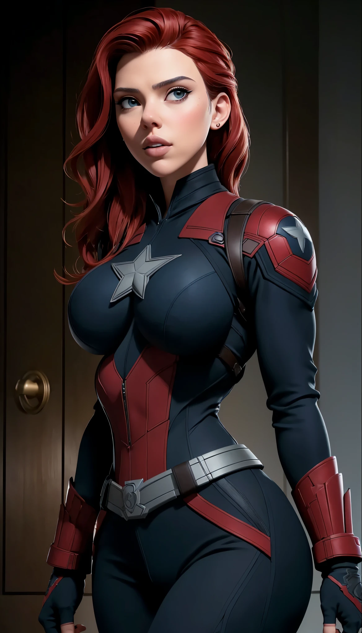 (masterpiece), (best quality), (photorealistic:1.3), 8k, detailed skin texture, detailed cloth texture, beautiful detailed face, intricate details, ultra detailed, scarlett johansson, Black Widow in the style of the Captain America, straight red hair, (full-length body:1.2), ((((massive breasts))))