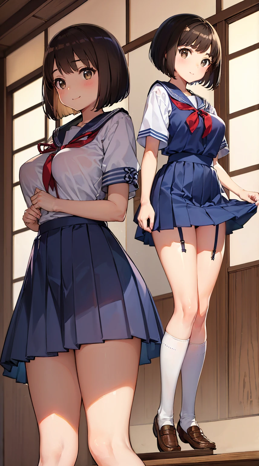 katoumegumi, megumi katou, Beautiful clavicle, Beautiful body, Beautiful breasts, とてもLarge Breasts:1.5, Beautiful thighs, Captivating thighs, Beautiful feet,((Short sleeve, Cute Japanese High School Uniforms, Ultra mini skirt、Navy blue knee-high socks、garter belt、Brown Loafers、Red collar)), ((surprised, Open your mouth、smile)), spread your legs to the sides,, ((Pulling on panties)), Very short hair,非常に短いBobcut、 (Beautiful brown eyes:1.7), (((Large Breasts:1.5、Beautiful breasts、Pointed Chest))),Ultra mini skirt, Incredibly slim legs、Very small waist、(((Japanese school girl uniform:1.5)))、(((Perfect Anatomy, Anatomically correct, Very detailedな肌))), 1 girl, Japanese, high School girl, Shiny skin, Observe your audience,  (Low Angle:1.2), Beautiful Hair, Beautiful Face, Beautiful fine details, (((short hair:1.5, Bobcut:1.5))), Baby Face, (Beautiful views), summer, School, Men&#39;s restroom、8k, highest quality, Masterpiece​:1.2, Very detailed), (Realistic), Beautiful illustrations, Natural light, Shooting from below、Looking down、Laugh like a troubled、