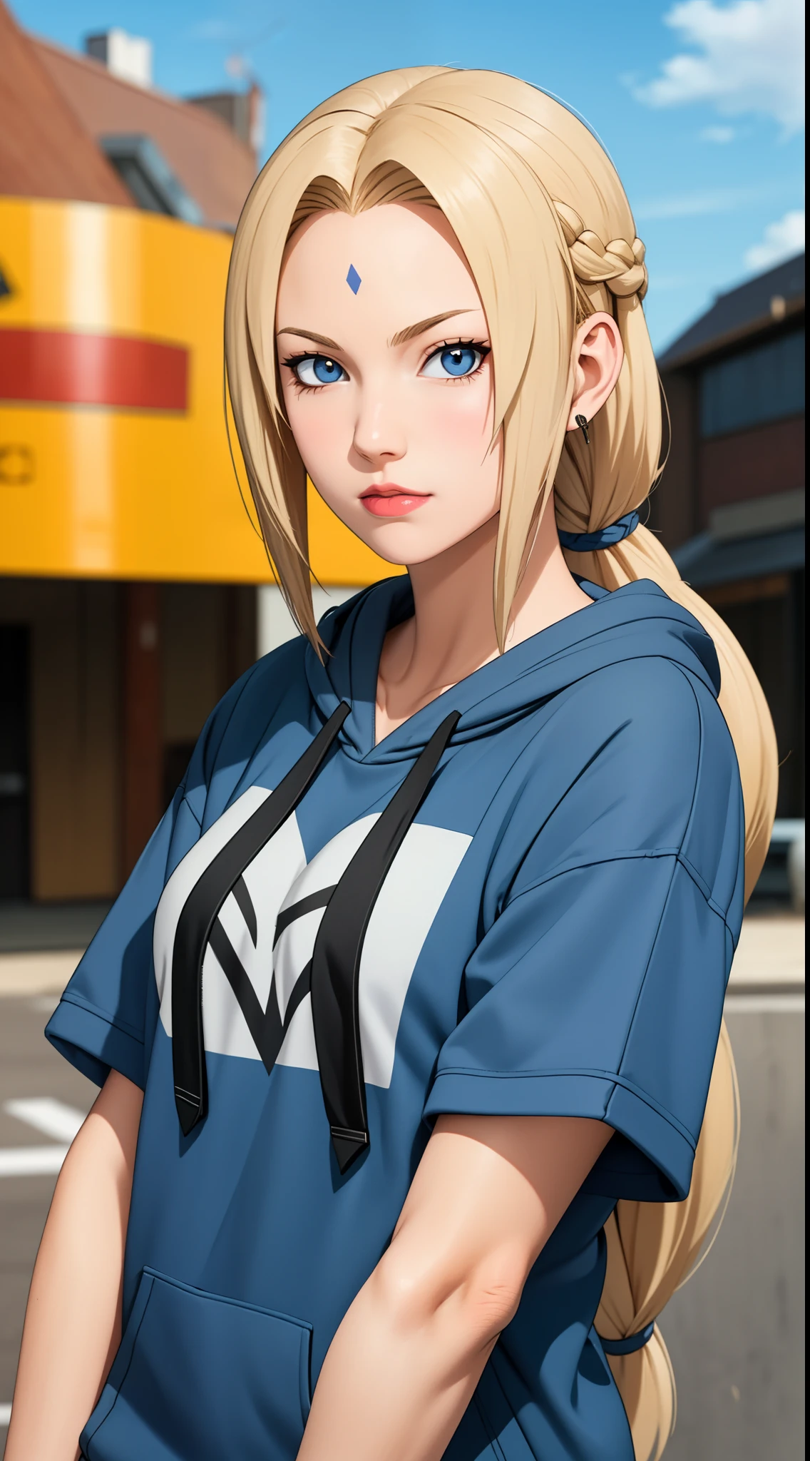 masterpiece, best quality, ultra-detailed, 1girl, upper body, 
long hair, blonde hair, french braid, blue eyes, blunt bangs, 
Wearing Streetwear Hoodie, stylish,
medium breast, cool attitude 
looking at viewer, Tsunade \(shippuden\)