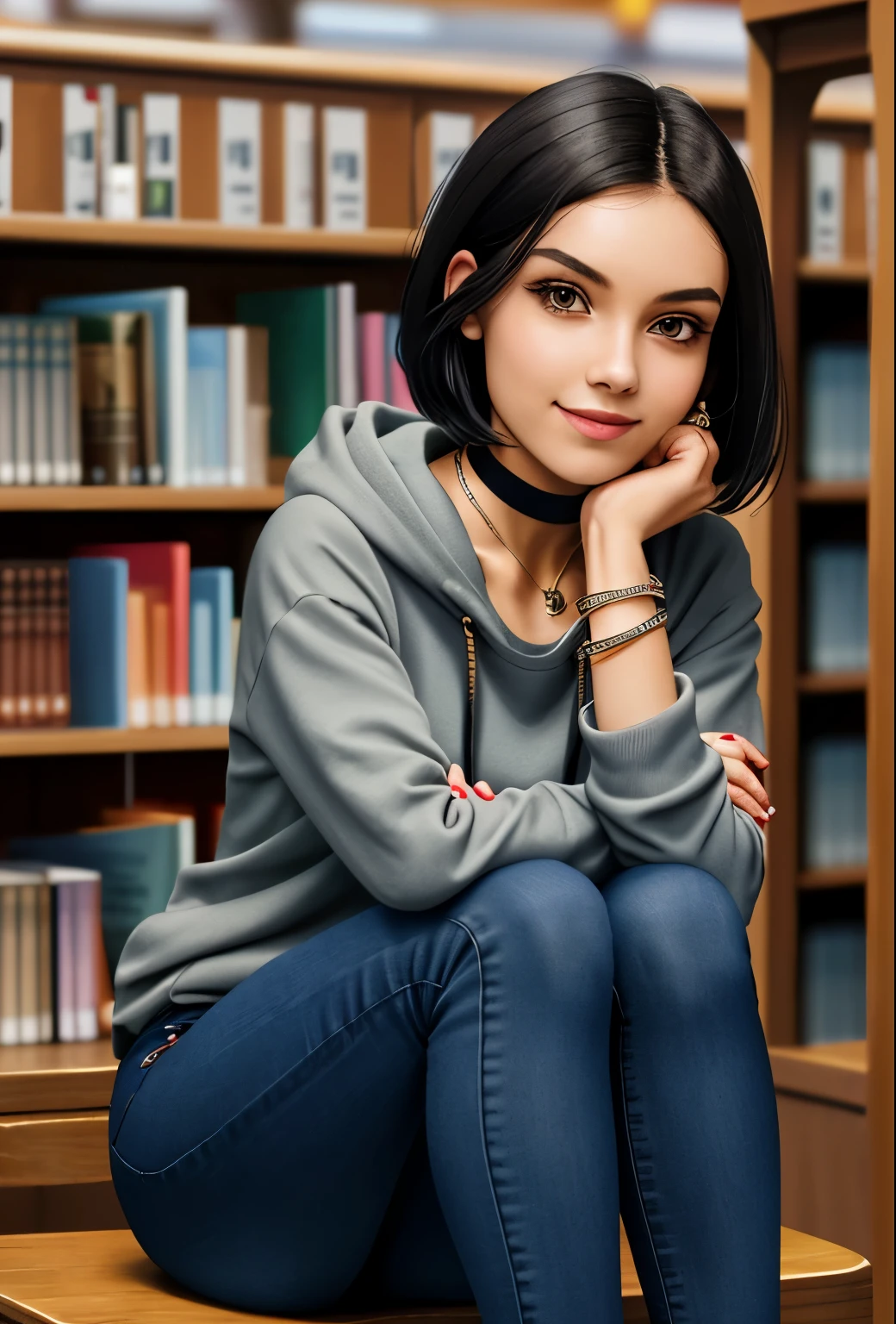 Caucasian woman, 20 years old, short straight black hair, almond-shaped brown eyes, makeup, big eyeliner, painted nails, friendly and kind smile, background, library, holds book in hand, she is sitting in the chair reading a book, sweatshirt hood blue, bracelets, rings, choker in neckk, backpack on back, black jeans worn around the knees, high school tennis shoes, calm body expression, extremely detailed face, high image definition, ultra HD 4k, extreme beauty, detailed hair, same face,