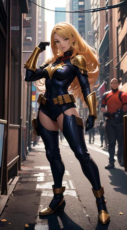 1 girl,american comics heroine:kamen america,ultra large brest,golden shyny hair,very proportion,tyte west,standing battle formation,wall street,dynamic action pose,full body