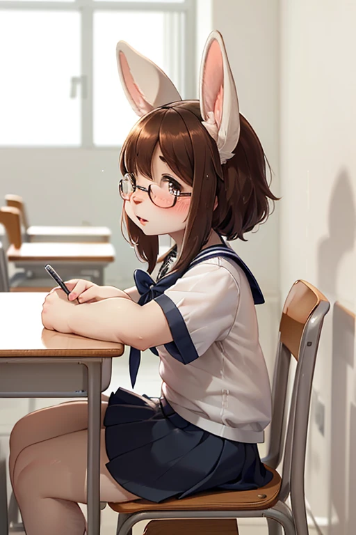 side view , focus face , hairy bunny Short stature mom , (realistic hairy bunny fur:1.2) , round Mumps face , (tilt face:1.2) , geek , moist round eyes , Swollen cheeks , shy , glossy lips , in the school , school sailor , skirt , sit on chair