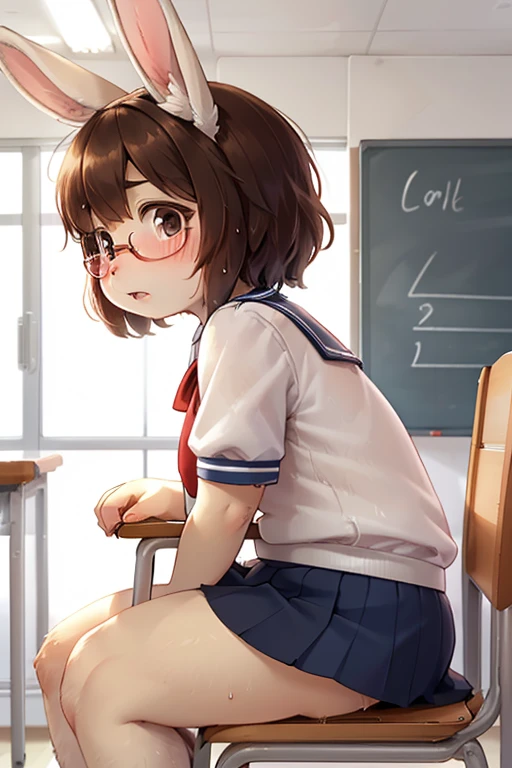 side view , focus face , hairy bunny Short stature girl , (realistic hairy bunny fur:1.2) , round Mumps face , (tilt face:1.2) , geek , moist round eyes , Swollen cheeks , shy , glossy lips , in the school , Class is in progress , school sailor , skirt , sit on chair