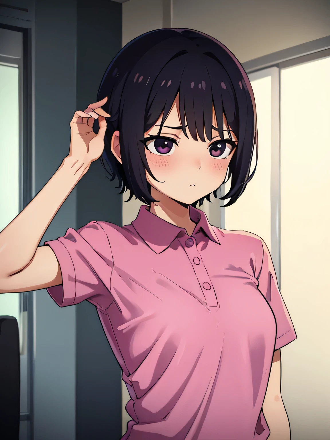 Anime girl in pink shirt with black hair and glasses - SeaArt AI